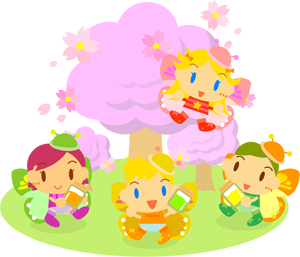 桜の下で遊ぶちょうちょ姿の子供たちイラスト
