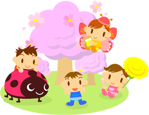 桜の下に集まった子供たちイラスト