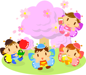 桜の下で遊ぶちょうちょ姿の子供たちイラスト2