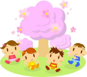 桜を見に来た子供たちイラスト