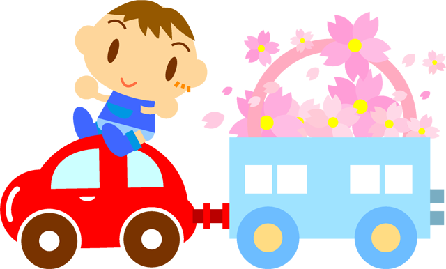 玩具の車に桜の花をたくさん積んで走る子供イラスト/男の子