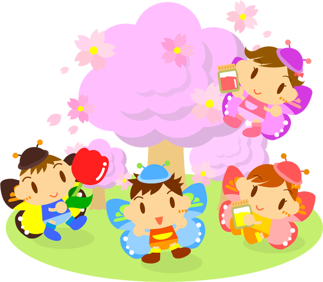 桜の下で遊ぶちょうちょ姿の子供たちイラスト2
