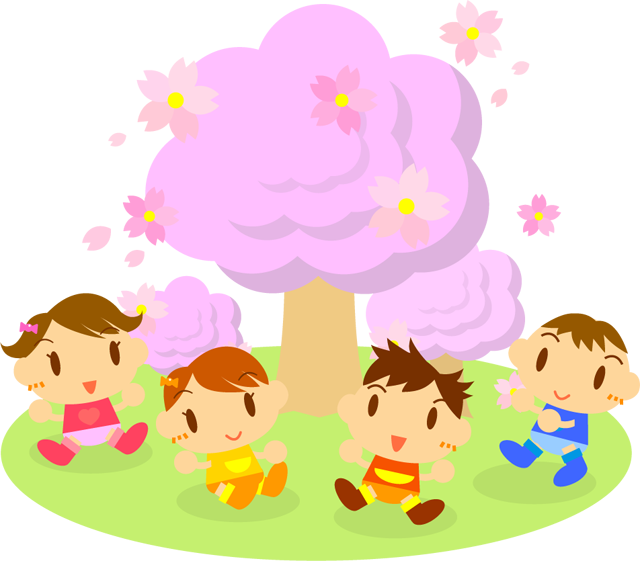 桜を見に来た子供たちイラスト