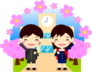 入学する小学生イラスト/桜咲く学校