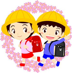 通学する小学生と桜の花イラスト