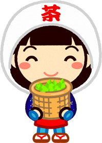籠いっぱいのお茶の新芽を持ってほほ笑む女の子イラスト
