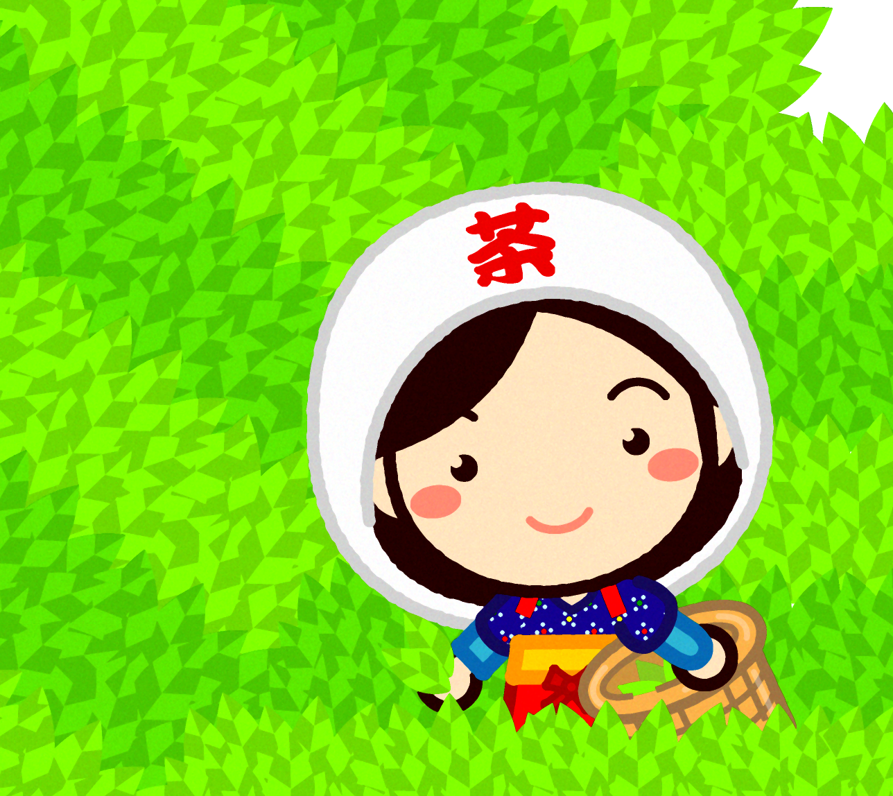 茶畑で茶摘みをしている女の子イラスト