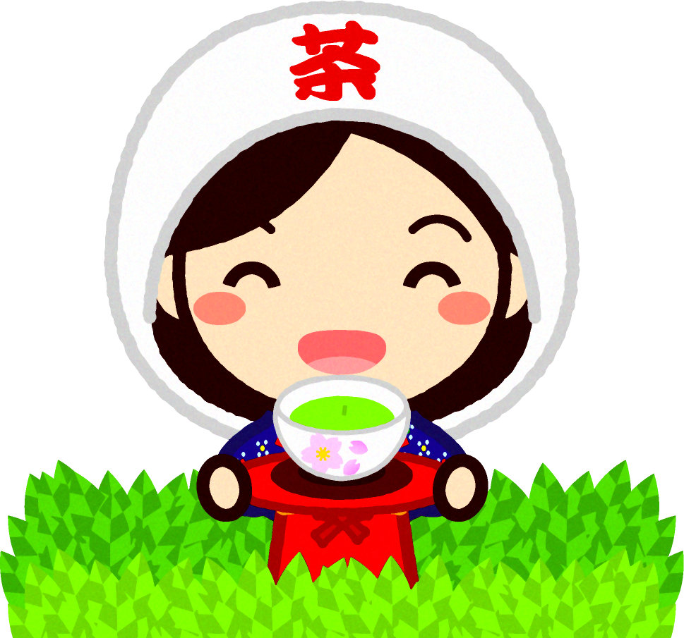 茶畑で新茶を差しだす女の子イラスト