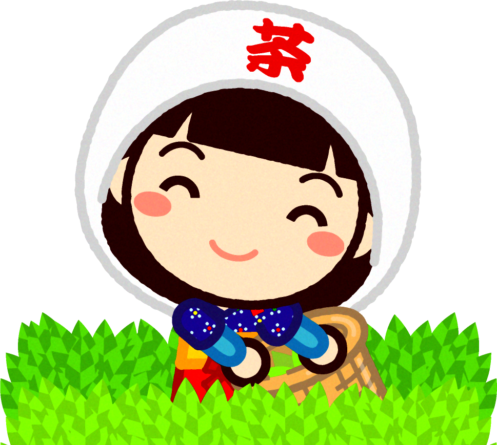 茶畑でお茶の新芽を摘む笑顔の女の子イラスト