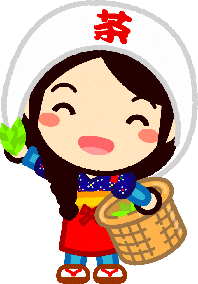 お茶の新芽を摘む笑顔の女の子イラスト