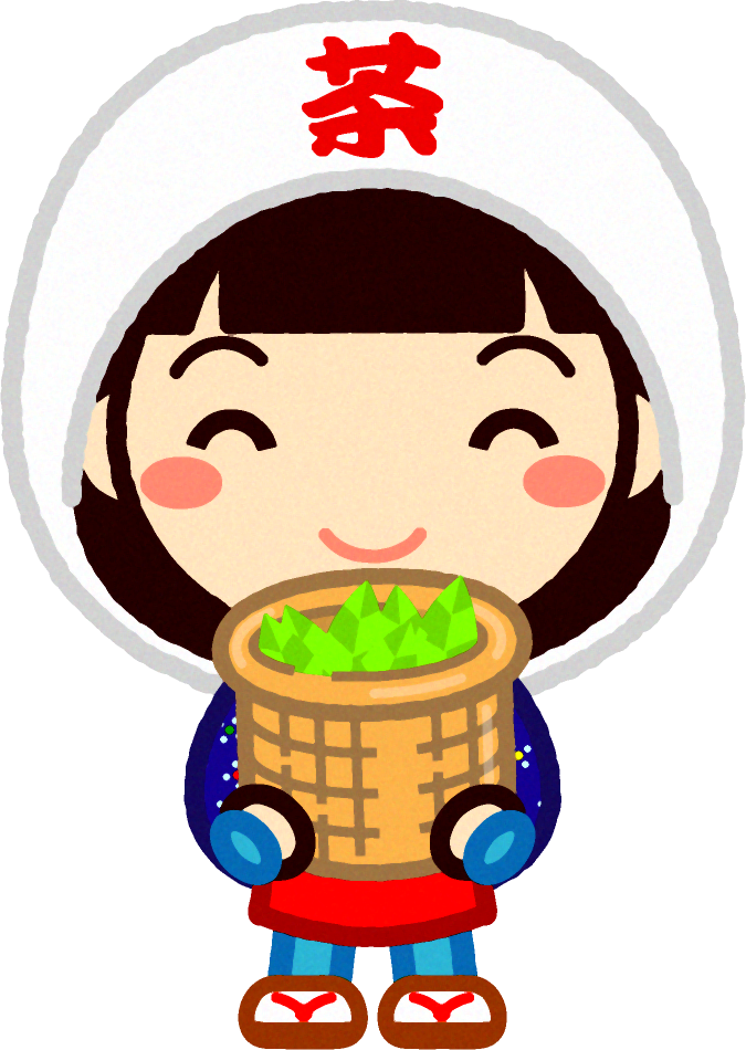籠いっぱいのお茶の新芽を持ってほほ笑む女の子イラスト