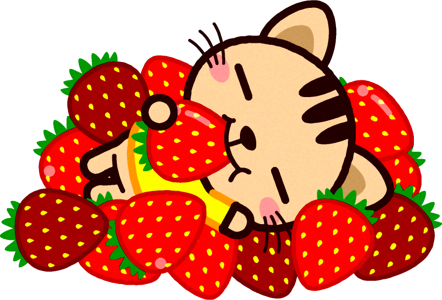 たくさんの苺に囲まれ大満足のトラネコのイラスト