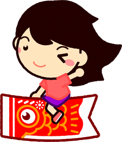 赤い鯉のぼりに乗って手を振る女の子イラスト
