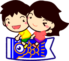青い鯉のぼりに乗っている子供子イラスト