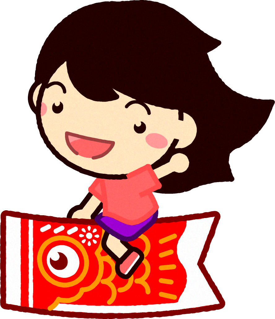 赤い鯉のぼりに乗っている女の子イラスト