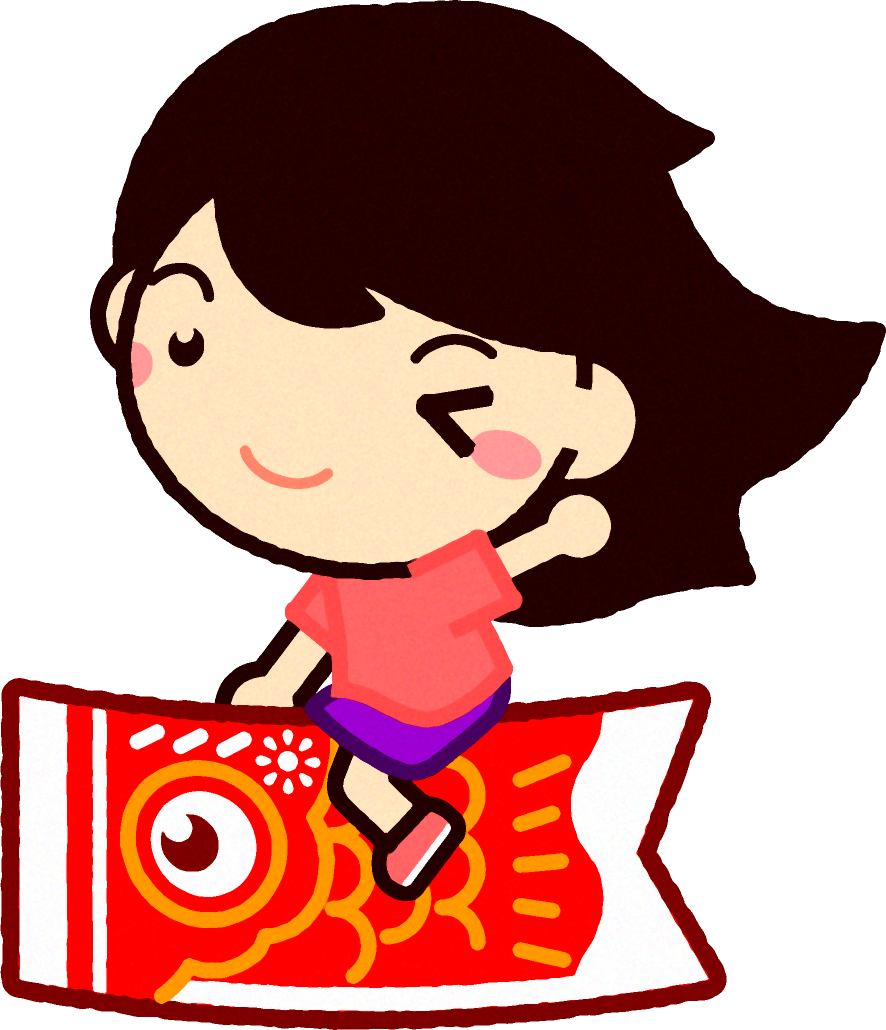 赤い鯉のぼりに乗って手を振る女の子イラスト