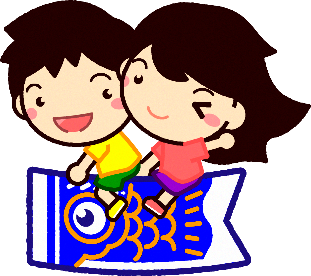 青い鯉のぼりに乗っている子供子イラスト