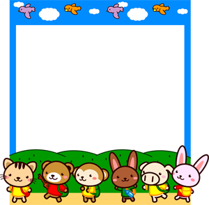 5月にハイキングする動物たちのフレームイラスト