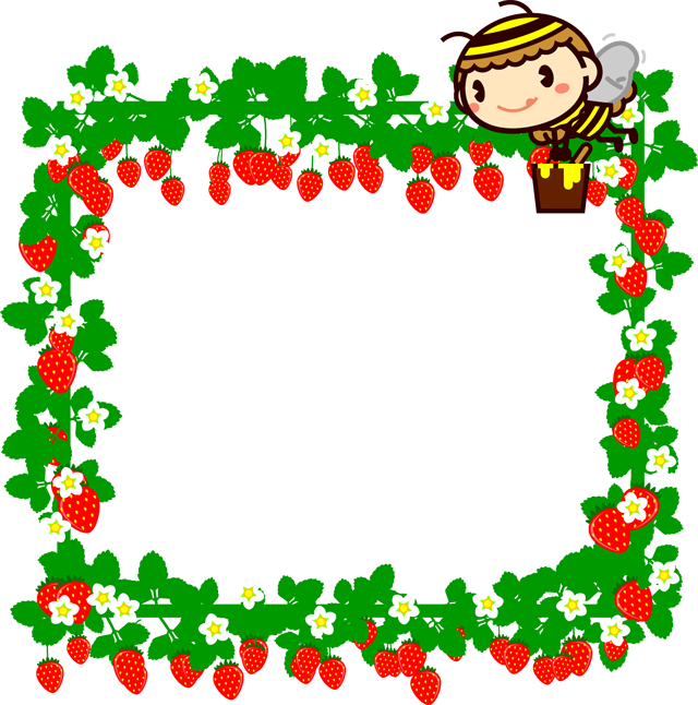 苺とかわいいミツバチのフレームイラスト