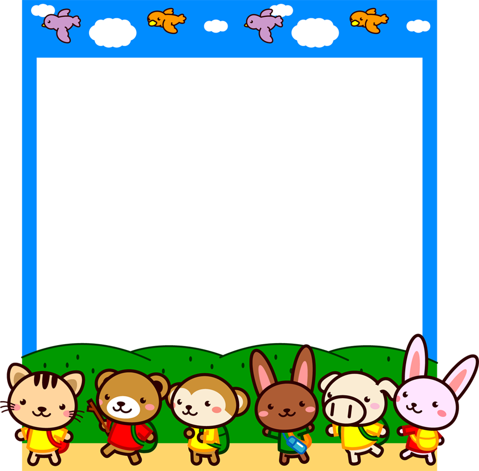 5月にハイキングする動物たちのフレームイラスト