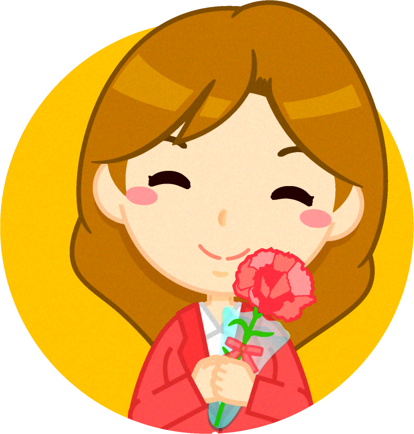 カーネーションを持った笑顔のお母さんイラスト/ロングヘアの女性