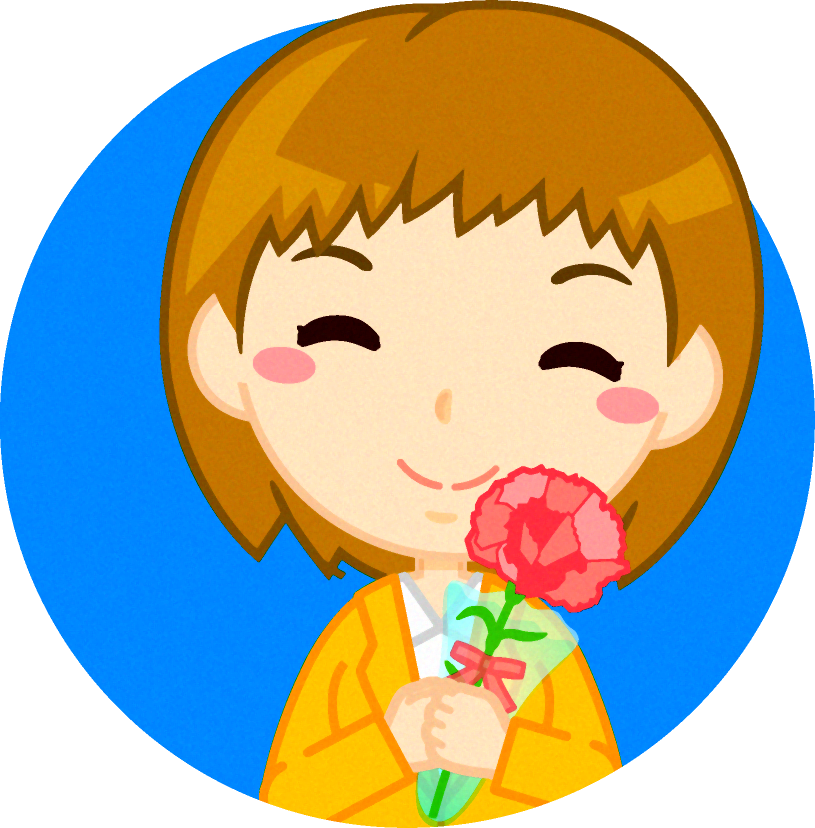 カーネーションを持った笑顔のお母さんイラスト/茶髪ショートの女性