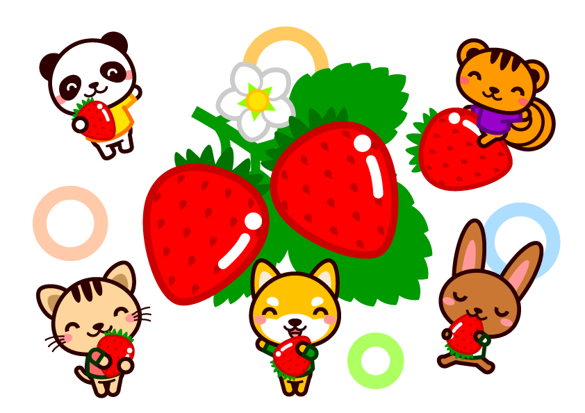 苺狩りとかわいい動物イラスト