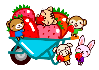 みんなで苺を一輪車で運ぶイラスト