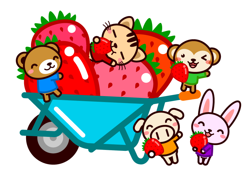 みんなで苺を一輪車で運ぶイラスト