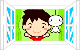 てるてる坊主と窓を開ける男の子イラスト