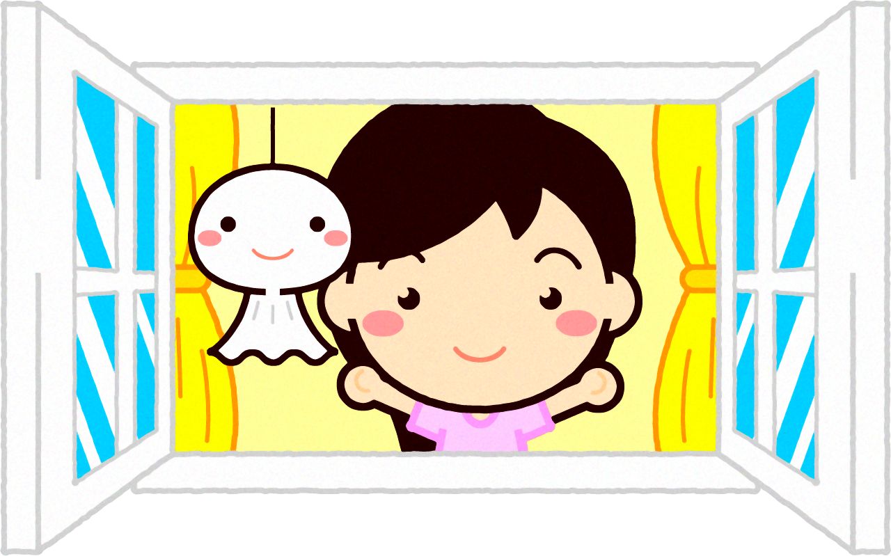 てるてる坊主と窓を開ける女の子イラスト