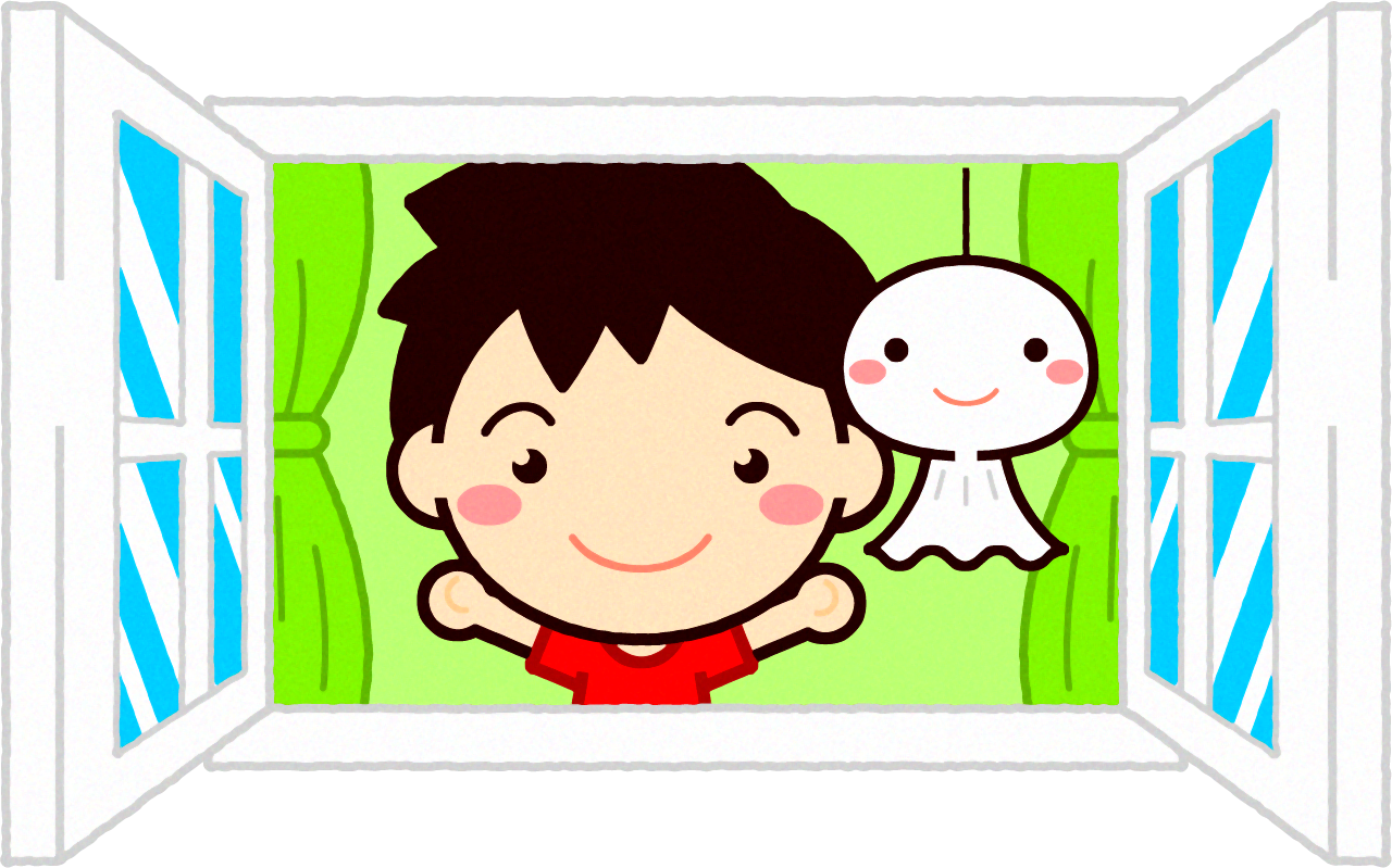 てるてる坊主と窓を開ける男の子イラスト
