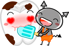 虫歯菌にアイスを食べさられむし歯になった歯イラスト