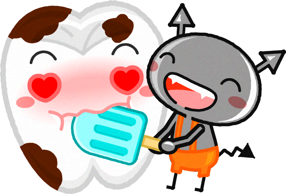 虫歯菌にアイスを食べさられむし歯になった歯イラスト