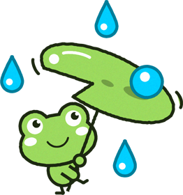 ハスの葉の傘をさすカエルのイラスト/雨の粒を転がす