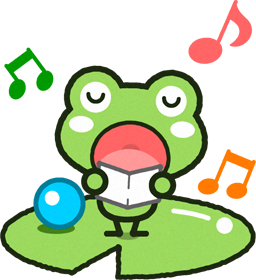 ハスの葉の上で歌うカエルのイラスト