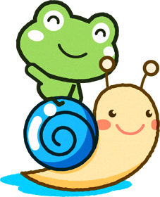 カタツムリに乗って手を振るカエルのイラスト