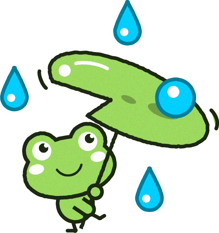 ハハスの葉の傘をさすカエルのイラスト/雨の粒を転がす