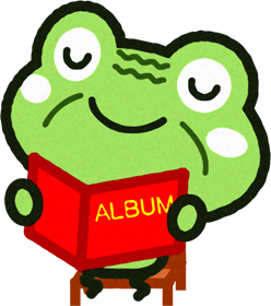 アルバムを見て昔を振り返るカエルのイラスト