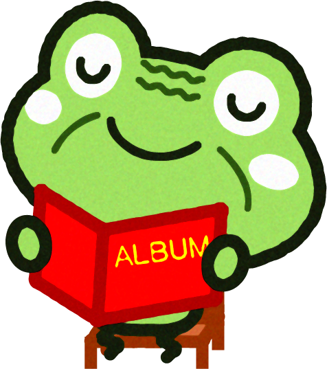 アルバムを見て昔を振り返るカエルのイラスト
