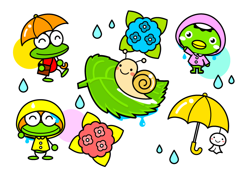 梅雨とカエルとカッパのイラスト