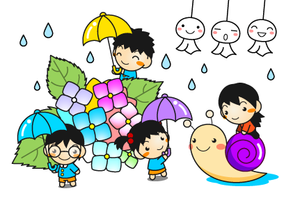 雨の日でも楽しく遊んでいる子供イラスト