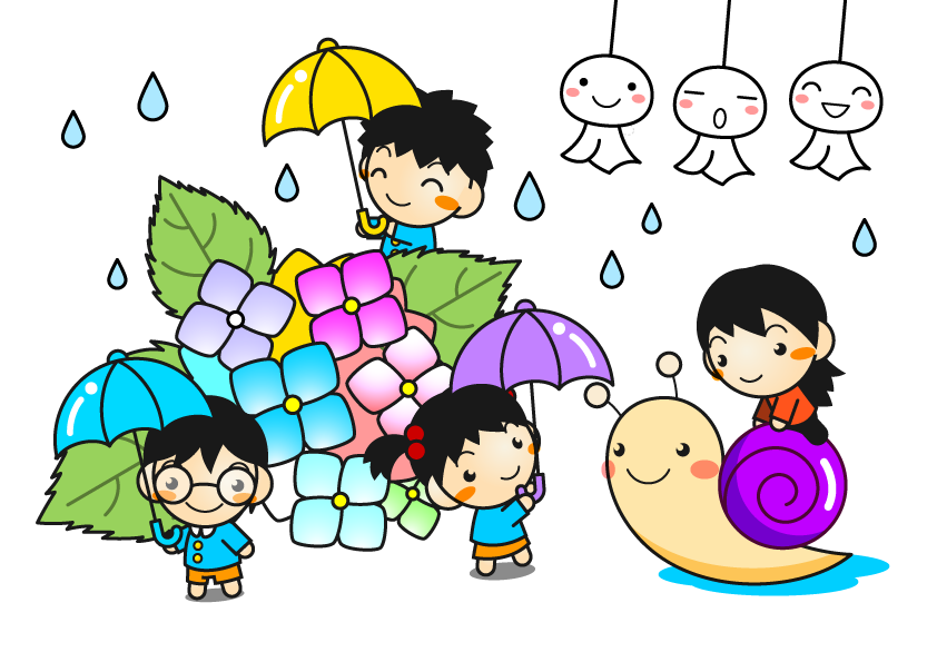 雨の日でも楽しく遊んでいる子供イラスト