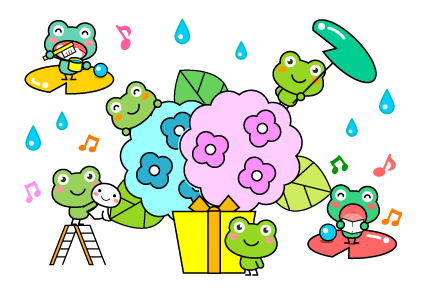 梅雨と紫陽花とかわいいカエルイラスト