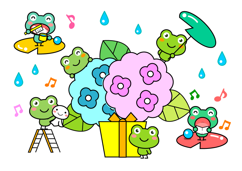 梅雨と紫陽花とかわいいカエルイラスト