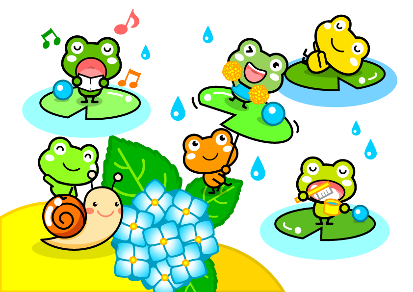 雨の日に池で遊ぶカエルイラスト