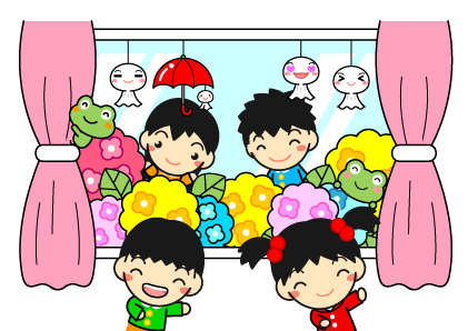 窓の外には紫陽花がいっぱいイラスト