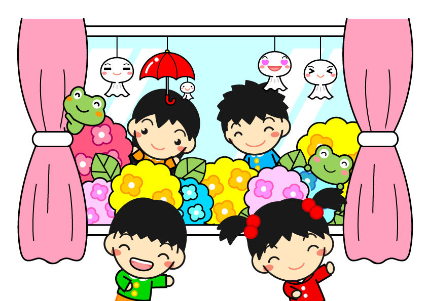 窓の外には紫陽花がいっぱいイラスト