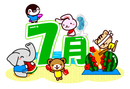 7月の砂浜で遊ぶ動物達イラスト/スイカ割り