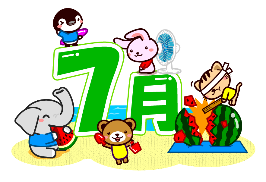 7月の砂浜で遊ぶ動物達イラスト/スイカ割り